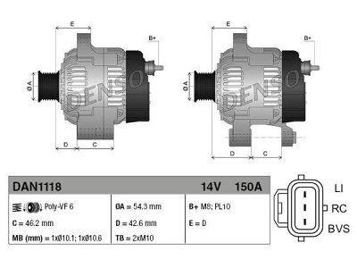 Alternator Ford, Volvo, 150 A, 54,3 mm