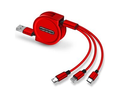 Kabel USB Eonline 2.5A 3 v 1, micro USB, 8 pin, USB C, 120 cm, rdeč