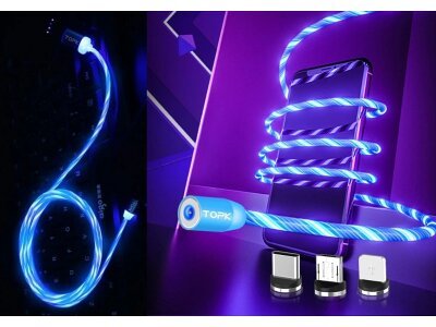 Magnetisches LED-Kabel USB 3in1 QC3.0 18W 3A, Micro USB, USB C und 8 Pin, LED blau