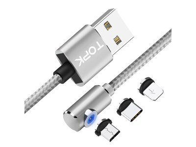 Magnetni kabel USB + micro USB, USB C i 8 pin, različite boje, povezivanje za 90° + rotacija za 360°, više boja